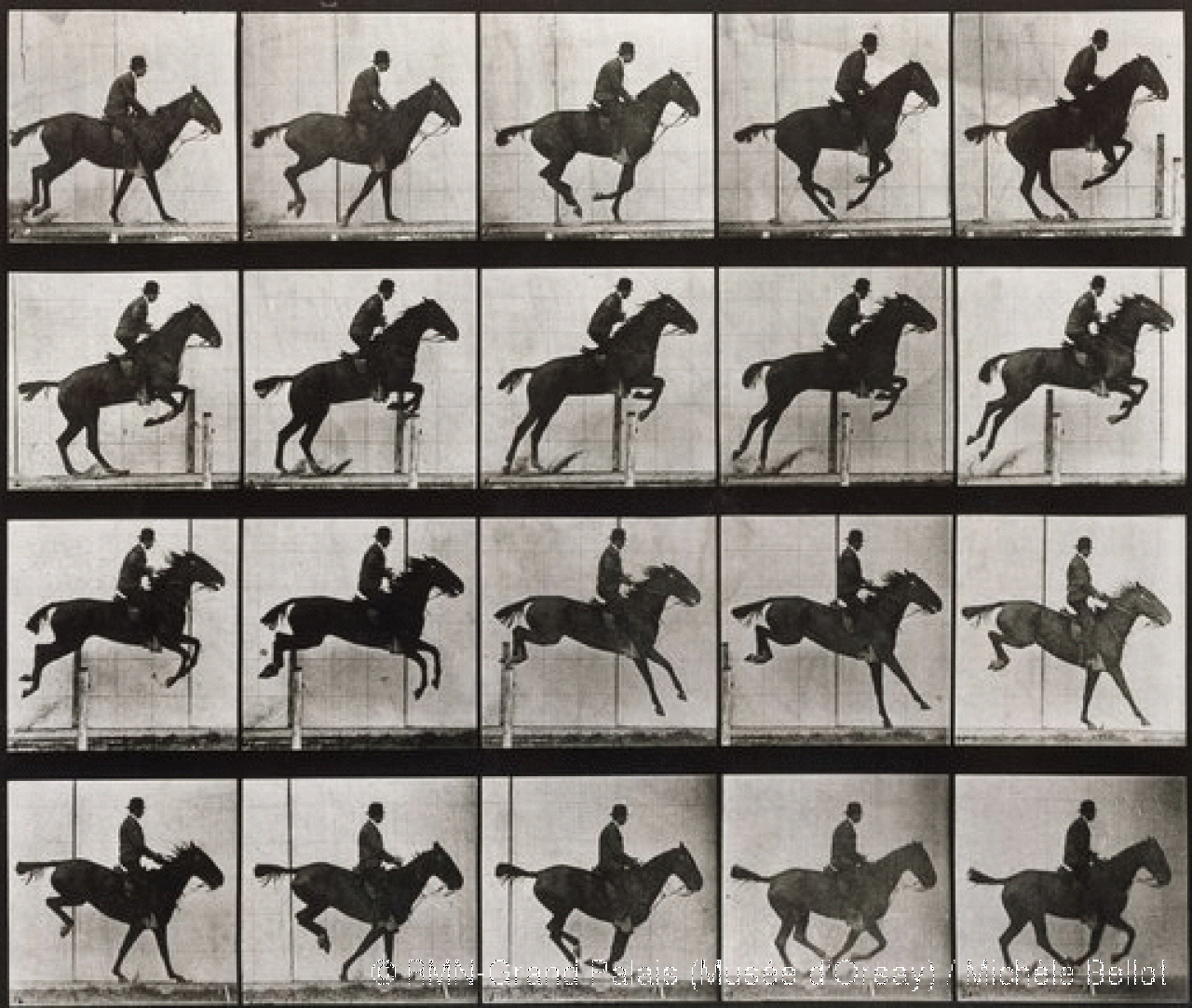 Homem e cavalo pulando, de &39;Animals in Motion&39; por Muybridge
